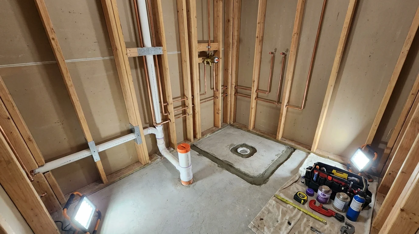 Bathroom rough-in plumbing during remodel by Johns Plumbing LLC in Menasha