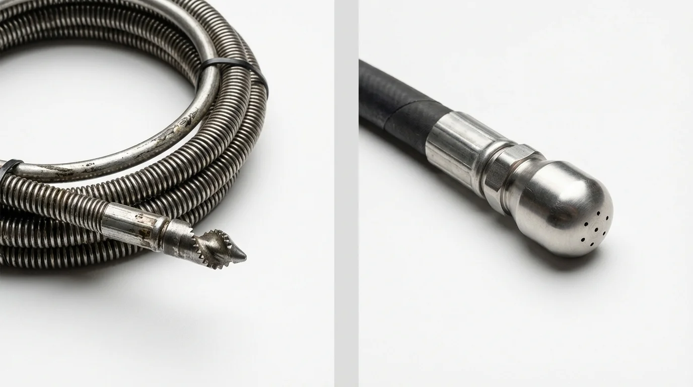 Drain snake cable and hydro jetting nozzle used for drain cleaning in Menasha, WI