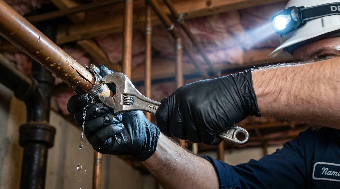 Emergency pipe clamp repair being performed by a Johns Plumbing LLC plumber in Menasha