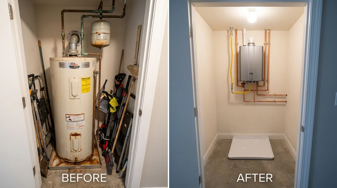 Tank water heater versus wall-mounted tankless unit comparison for Menasha, WI homeowners