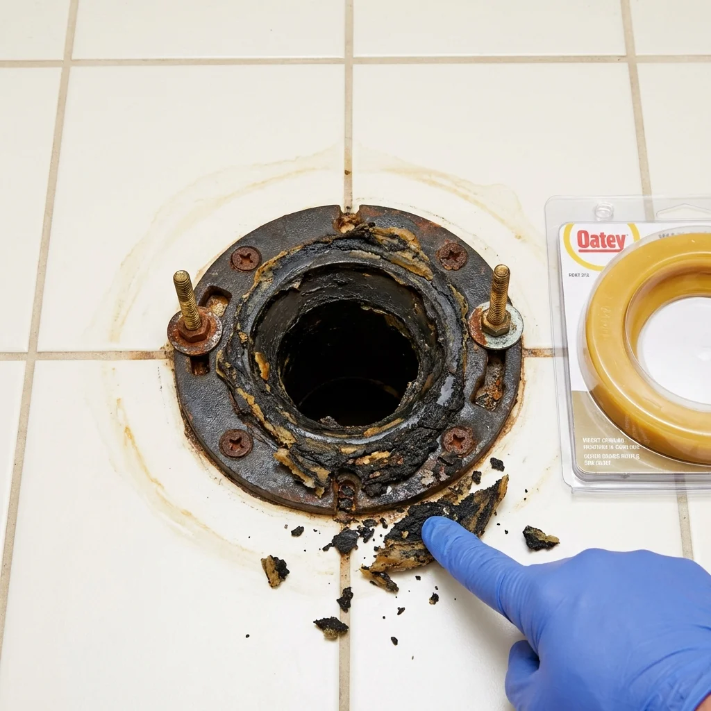 Failed wax ring showing water seepage at the base of a toilet in a Menasha, WI home