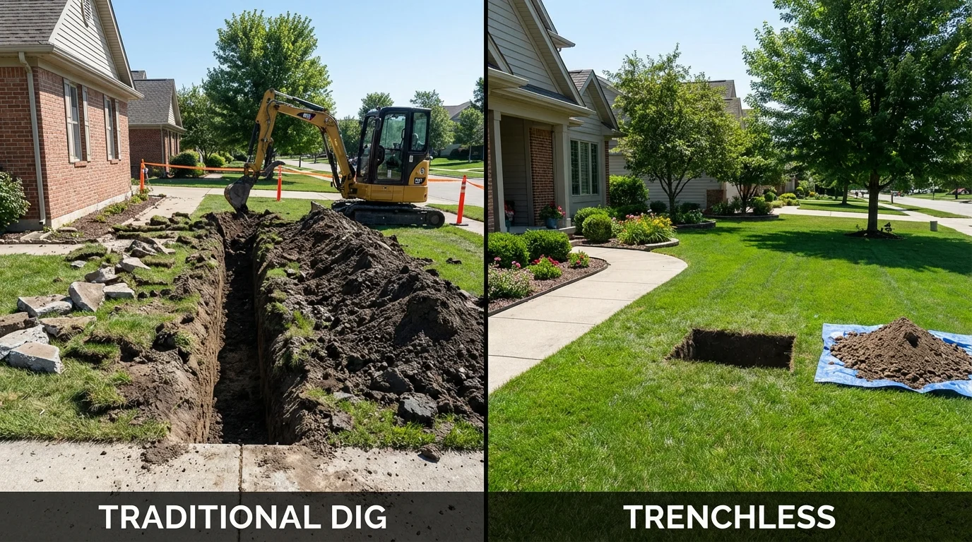 Trenchless sewer repair with minimal yard damage versus traditional excavation in Menasha, WI
