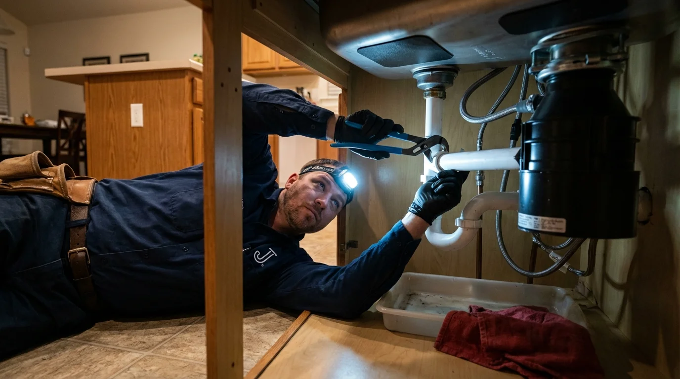 P-trap and supply line connections under a kitchen sink showing a common leak point in Menasha, WI